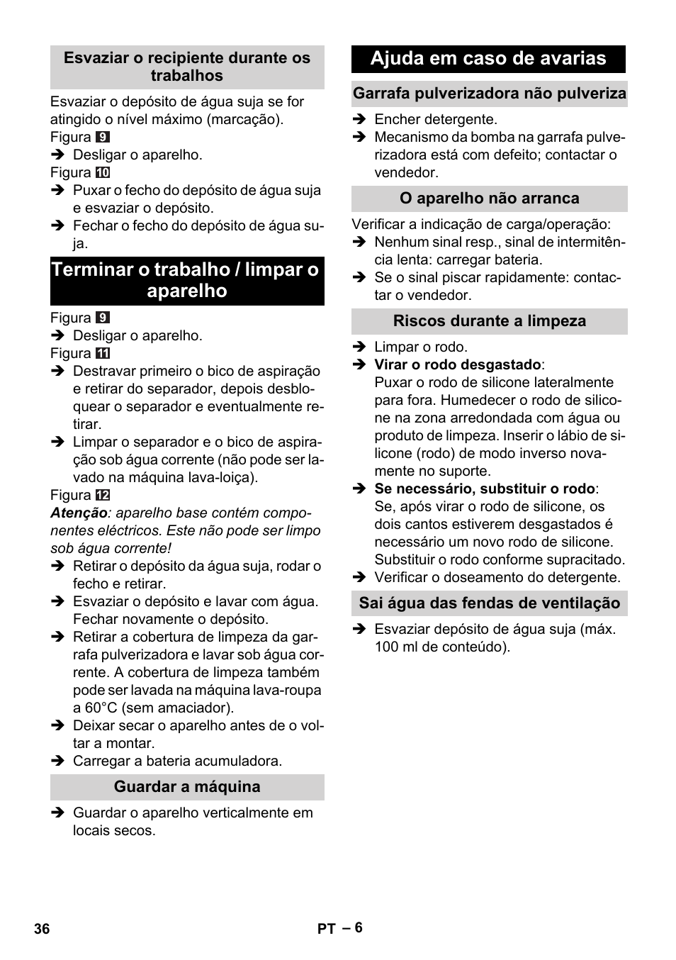 Terminar o trabalho / limpar o aparelho, Ajuda em caso de avarias | Karcher WV 50 Plus User Manual | Page 36 / 152