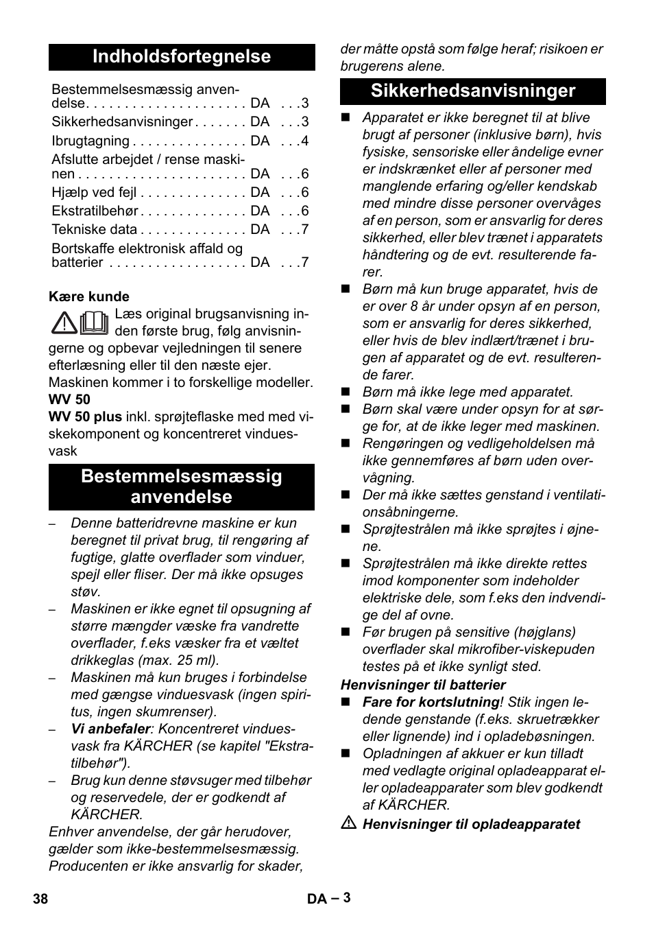 Dansk, Indholdsfortegnelse | Karcher WV 50 Plus User Manual | Page 38 / 152