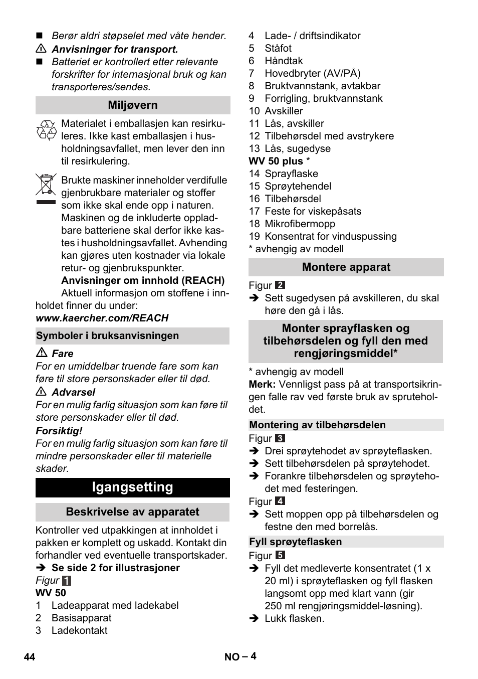 Igangsetting | Karcher WV 50 Plus User Manual | Page 44 / 152