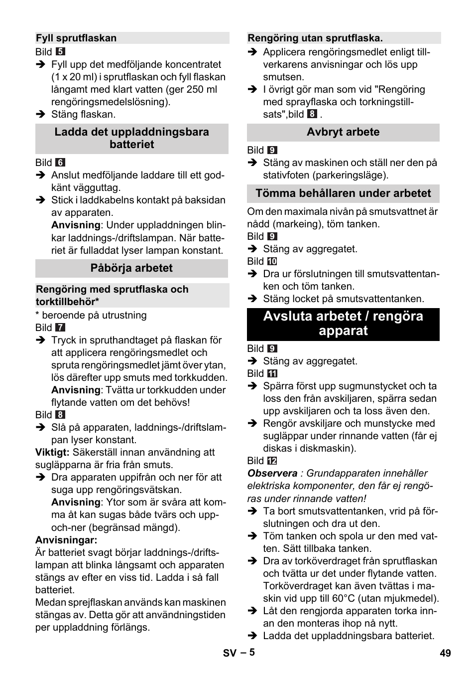 Avsluta arbetet / rengöra apparat | Karcher WV 50 Plus User Manual | Page 49 / 152