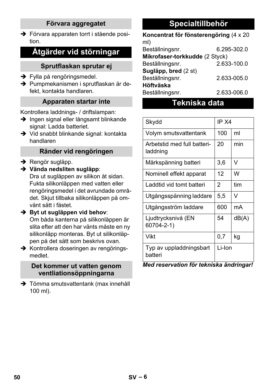 Åtgärder vid störningar, Specialtillbehör tekniska data | Karcher WV 50 Plus User Manual | Page 50 / 152