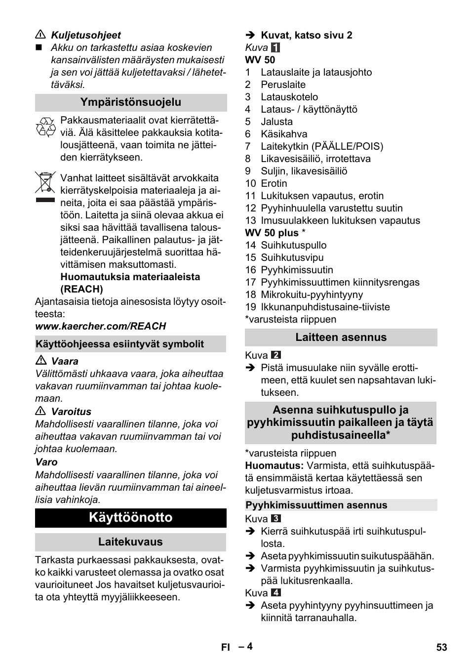 Käyttöönotto | Karcher WV 50 Plus User Manual | Page 53 / 152