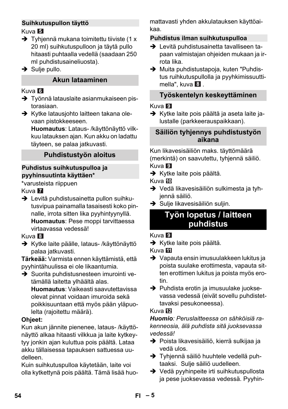 Työn lopetus / laitteen puhdistus | Karcher WV 50 Plus User Manual | Page 54 / 152