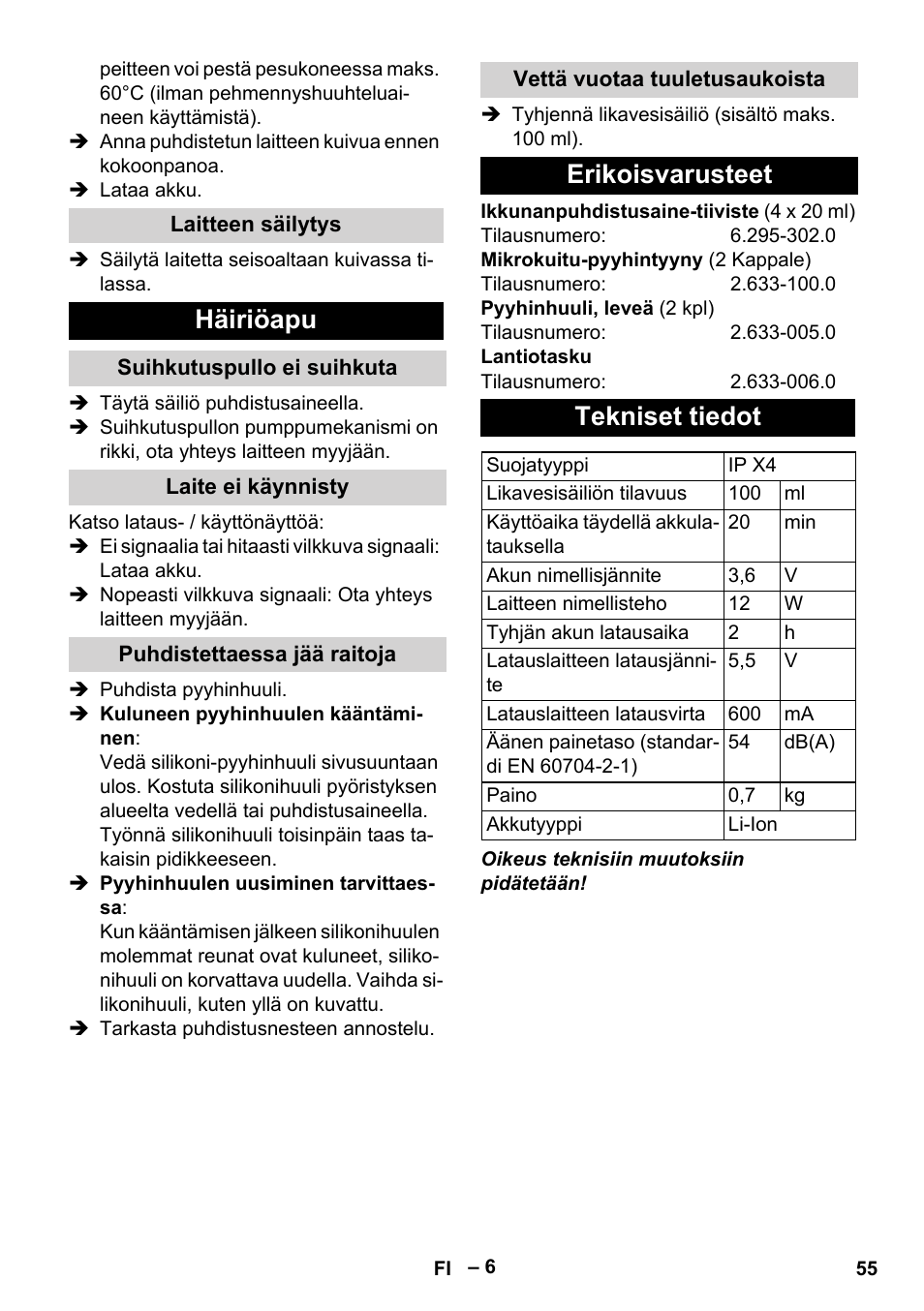 Häiriöapu, Erikoisvarusteet tekniset tiedot | Karcher WV 50 Plus User Manual | Page 55 / 152