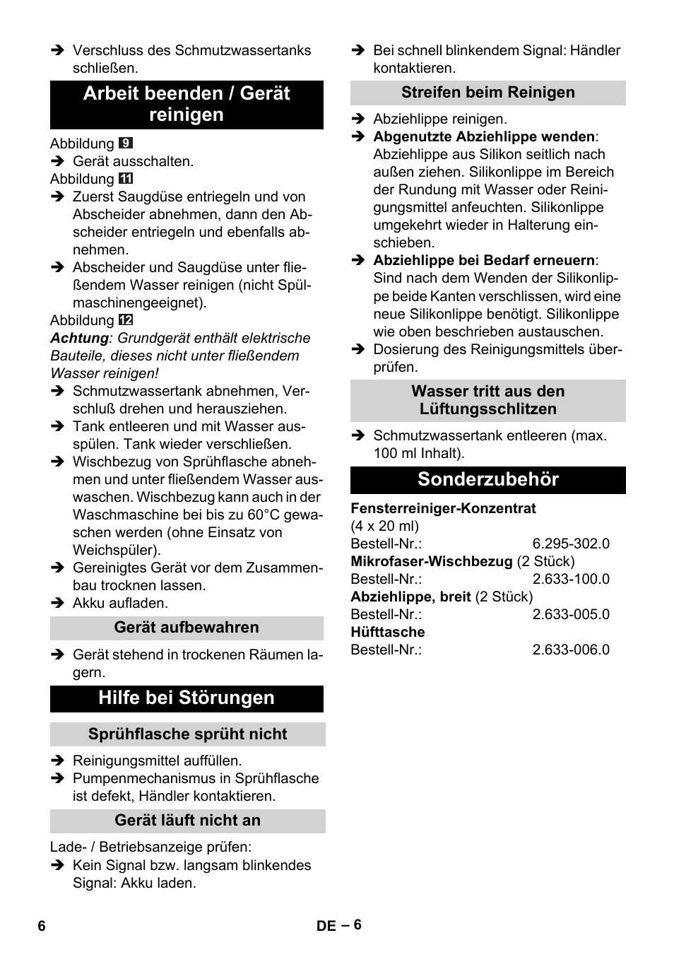 Arbeit beenden / gerät reinigen, Hilfe bei störungen, Sonderzubehör | Karcher WV 50 Plus User Manual | Page 6 / 152
