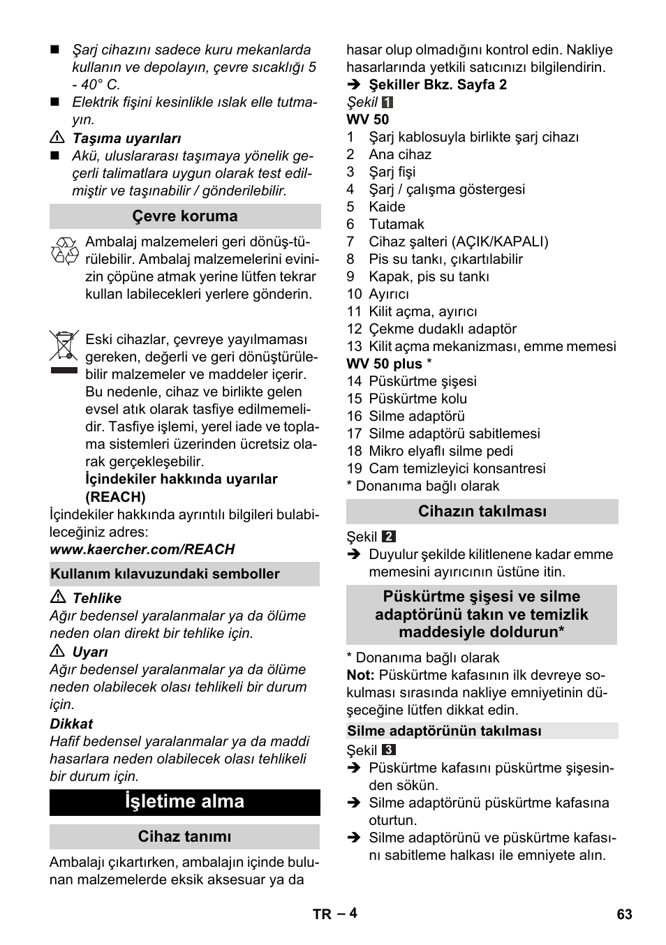 Işletime alma | Karcher WV 50 Plus User Manual | Page 63 / 152