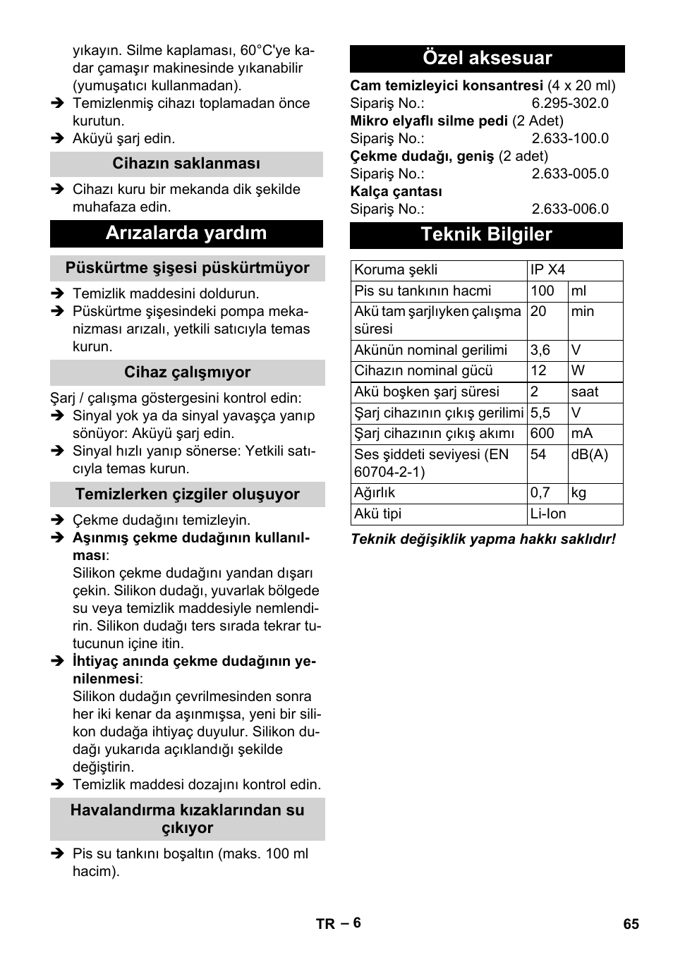Arızalarda yardım, Özel aksesuar teknik bilgiler | Karcher WV 50 Plus User Manual | Page 65 / 152
