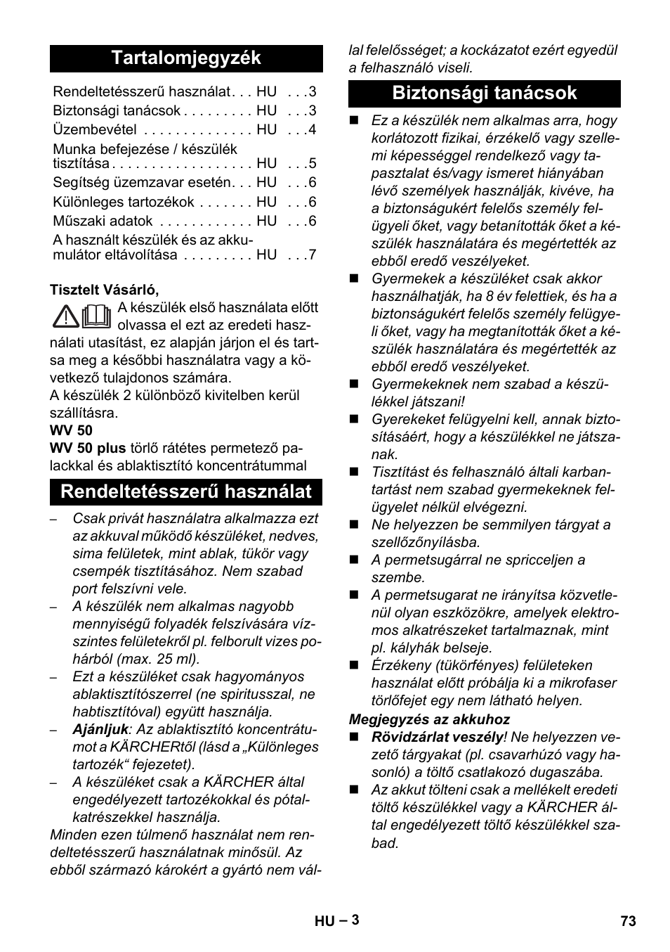 Magyar, Tartalomjegyzék, Rendeltetésszerű használat biztonsági tanácsok | Karcher WV 50 Plus User Manual | Page 73 / 152