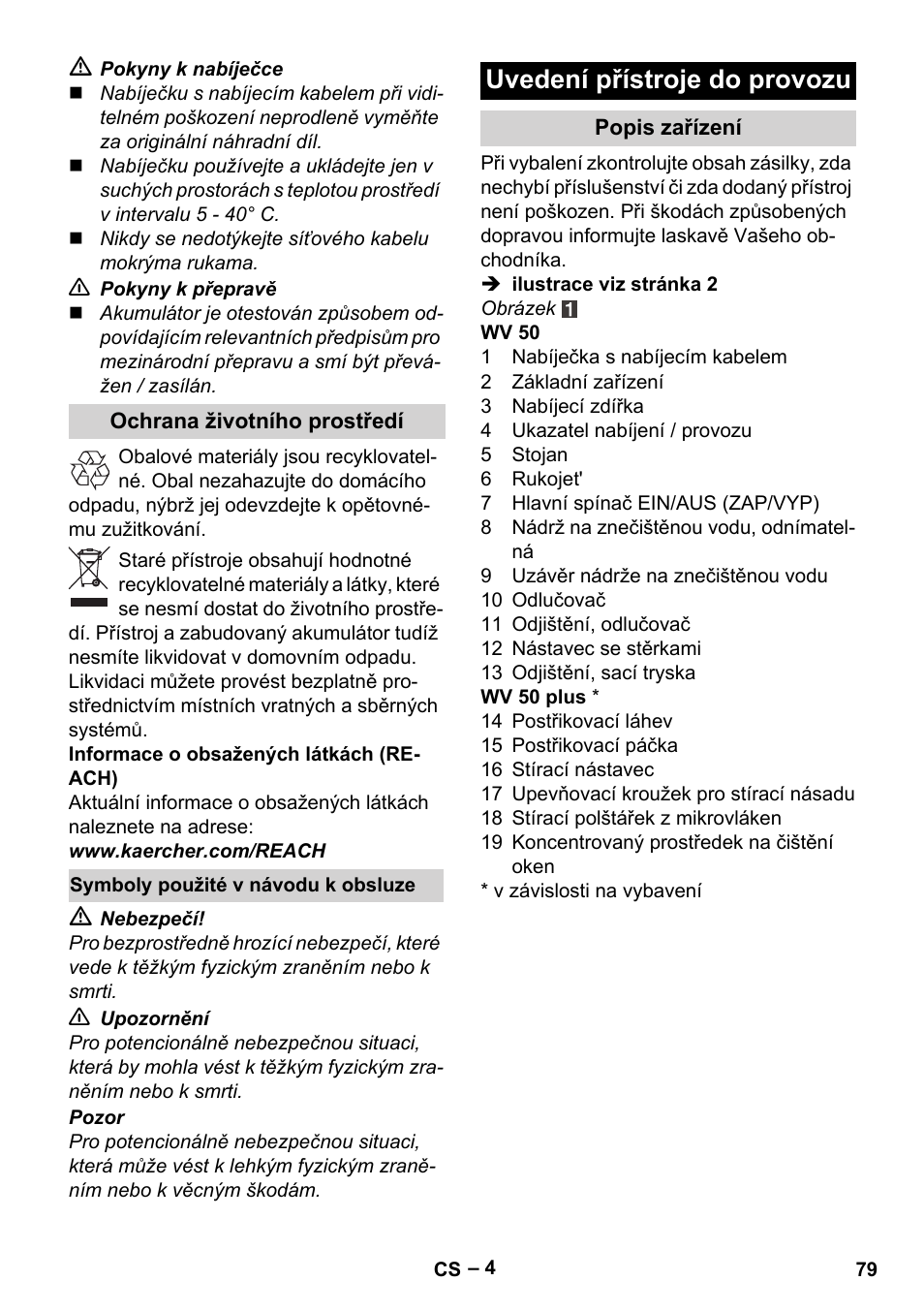 Uvedení přístroje do provozu | Karcher WV 50 Plus User Manual | Page 79 / 152