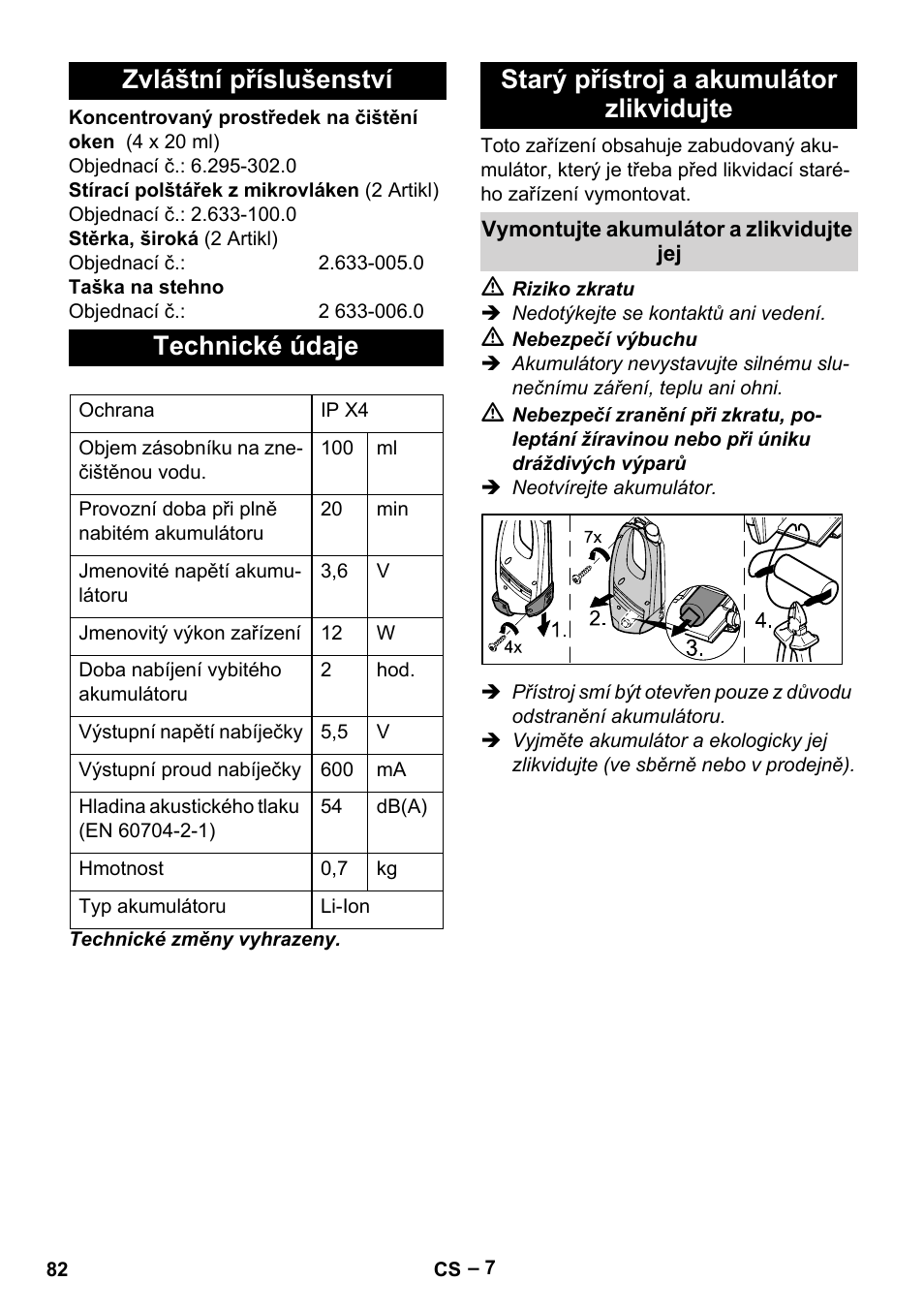 Zvláštní příslušenství technické údaje, Starý přístroj a akumulátor zlikvidujte | Karcher WV 50 Plus User Manual | Page 82 / 152