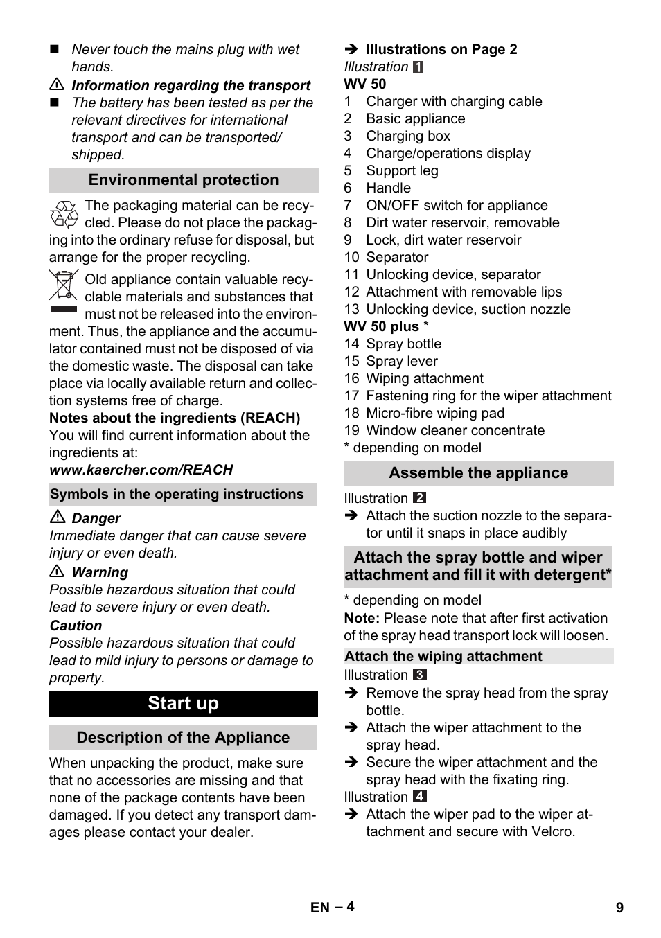Start up | Karcher WV 50 Plus User Manual | Page 9 / 152
