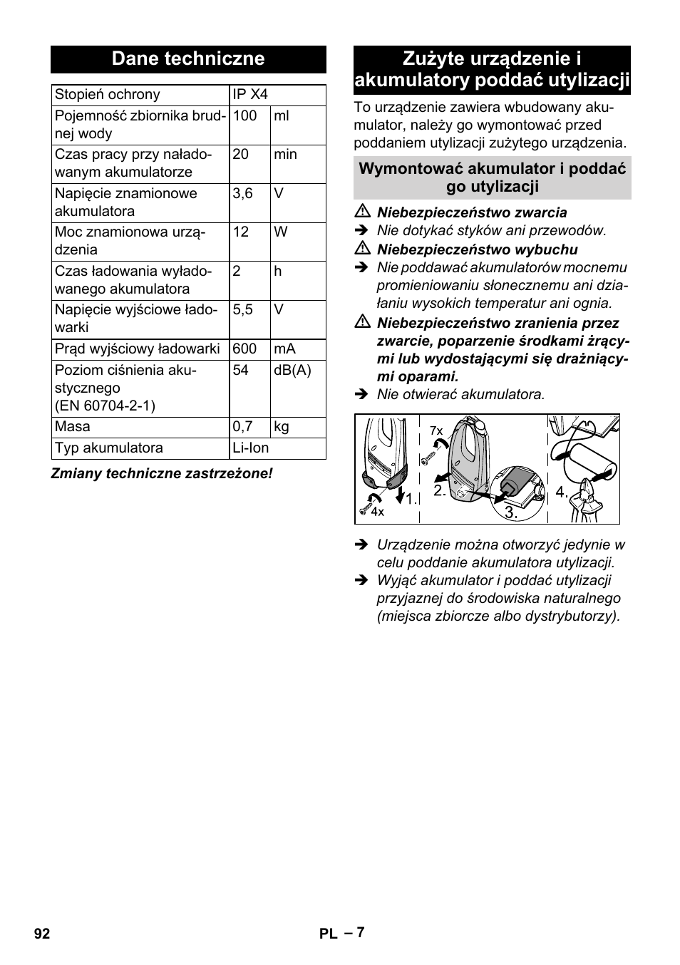 Dane techniczne, Zużyte urządzenie i akumulatory poddać utylizacji | Karcher WV 50 Plus User Manual | Page 92 / 152