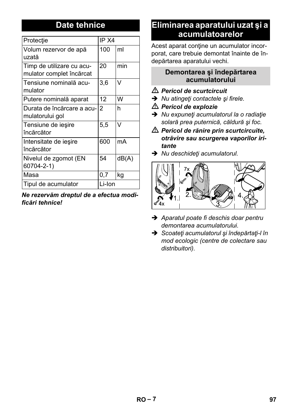 Date tehnice, Eliminarea aparatului uzat şi a acumulatoarelor | Karcher WV 50 Plus User Manual | Page 97 / 152
