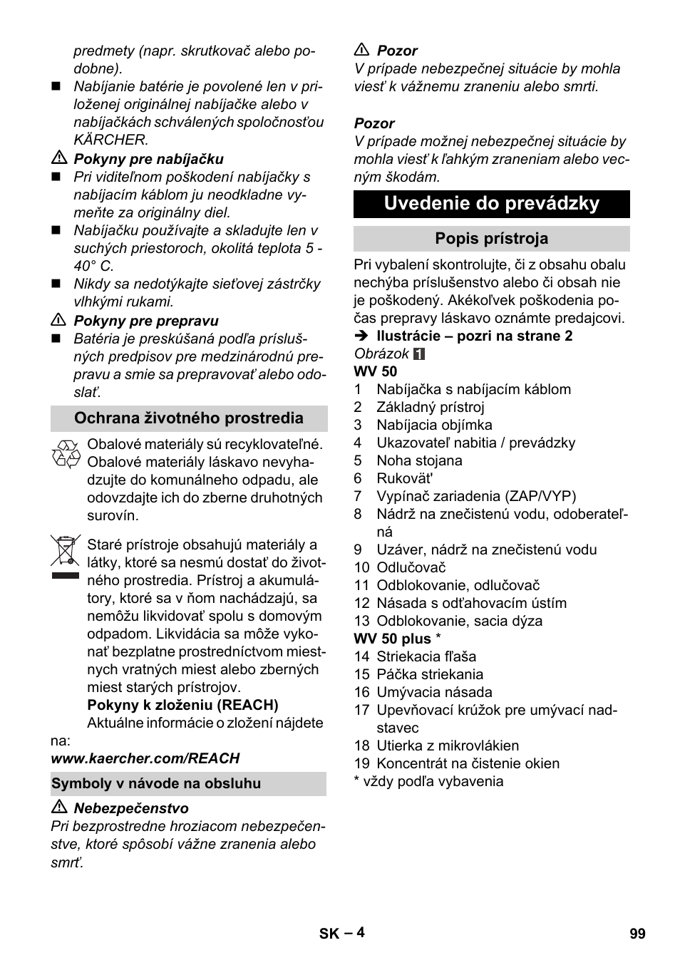 Uvedenie do prevádzky | Karcher WV 50 Plus User Manual | Page 99 / 152