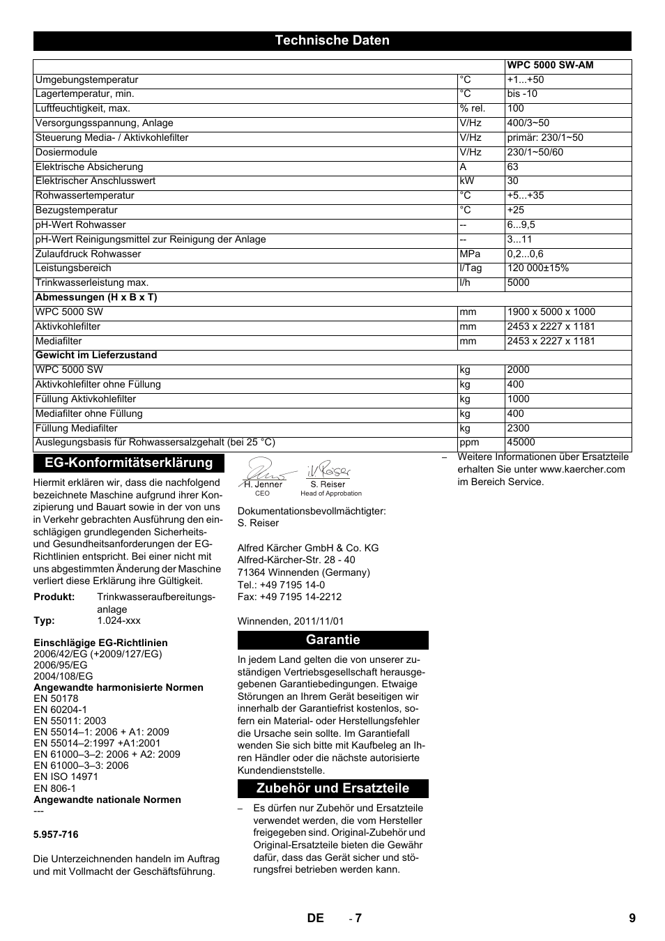 Technische daten, Eg-konformitätserklärung, Garantie zubehör und ersatzteile | Karcher Úpravna vody WPC 10000 SW User Manual | Page 9 / 32