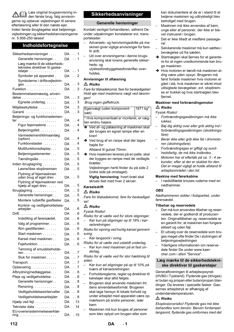 Dansk, Indholdsfortegnelse, Sikkerhedsanvisninger | Karcher KM 170-600 R Lpg User Manual | Page 112 / 472