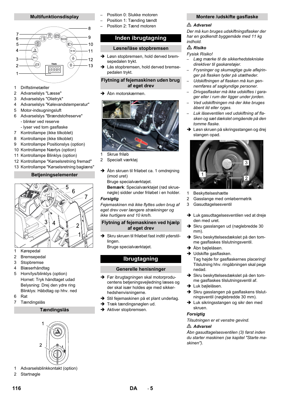 Inden ibrugtagning, Ibrugtagning | Karcher KM 170-600 R Lpg User Manual | Page 116 / 472