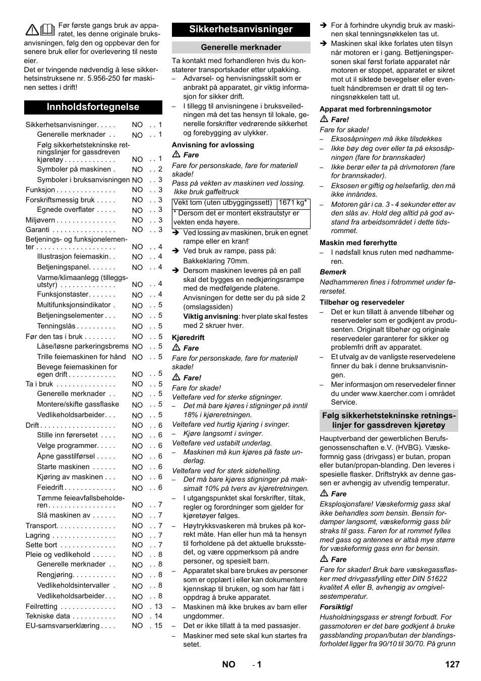 Norsk, Innholdsfortegnelse, Sikkerhetsanvisninger | Karcher KM 170-600 R Lpg User Manual | Page 127 / 472
