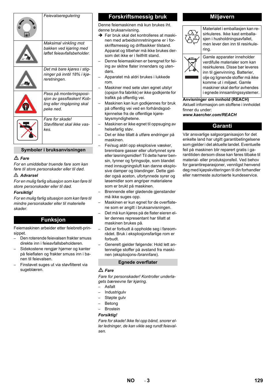Funksjon forskriftsmessig bruk, Miljøvern, Garanti | Karcher KM 170-600 R Lpg User Manual | Page 129 / 472