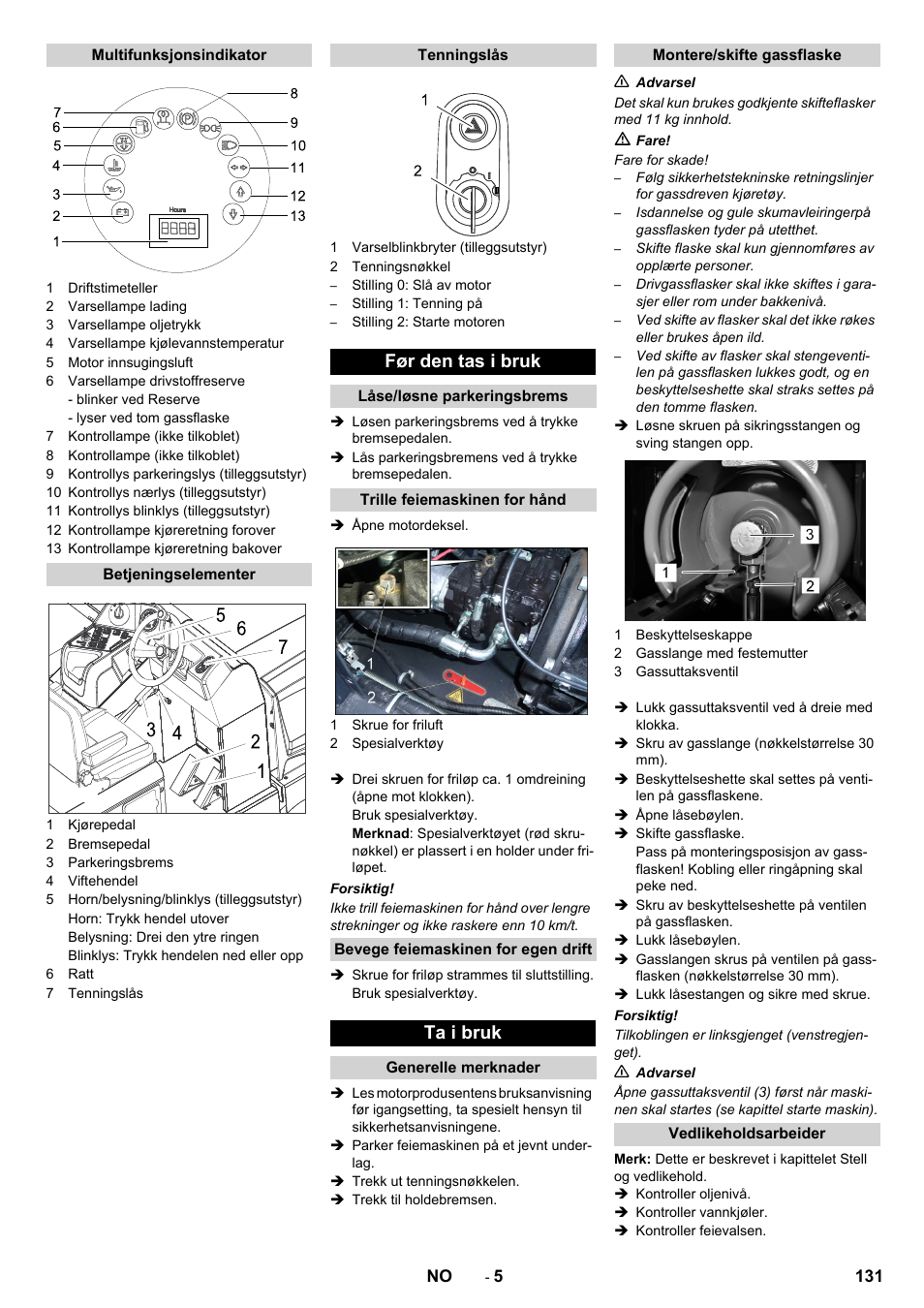 Før den tas i bruk, Ta i bruk | Karcher KM 170-600 R Lpg User Manual | Page 131 / 472