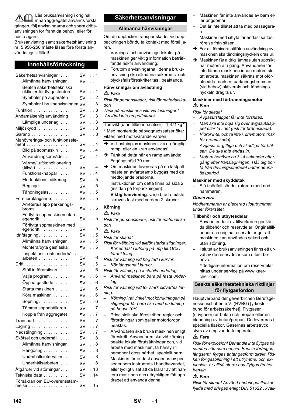 Svenska, Innehållsförteckning, Säkerhetsanvisningar | Karcher KM 170-600 R Lpg User Manual | Page 142 / 472