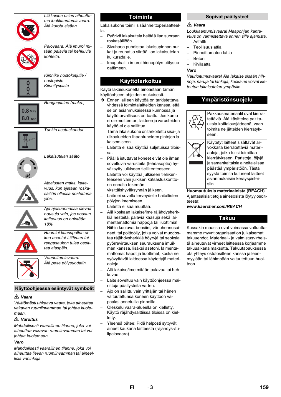 Toiminta käyttötarkoitus, Ympäristönsuojelu, Takuu | Karcher KM 170-600 R Lpg User Manual | Page 159 / 472