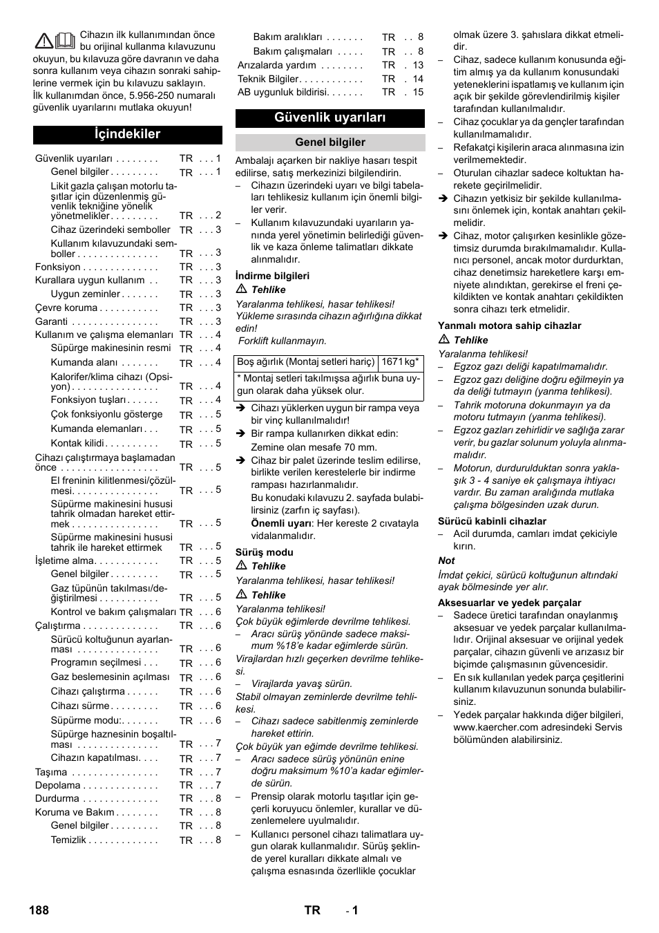 Türkçe, Içindekiler, Güvenlik uyarıları | Karcher KM 170-600 R Lpg User Manual | Page 188 / 472