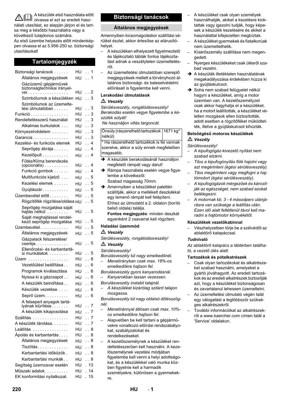Magyar, Tartalomjegyzék, Biztonsági tanácsok | Karcher KM 170-600 R Lpg User Manual | Page 220 / 472