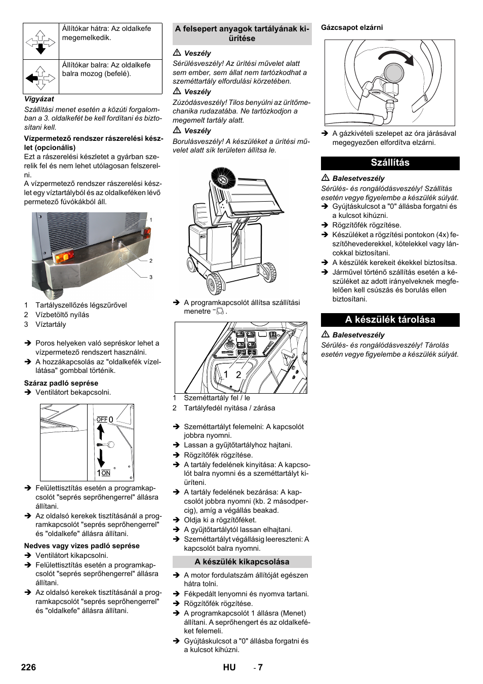 Szállítás a készülék tárolása | Karcher KM 170-600 R Lpg User Manual | Page 226 / 472