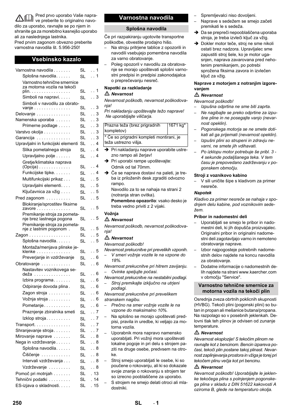 Slovenščina, Vsebinsko kazalo, Varnostna navodila | Karcher KM 170-600 R Lpg User Manual | Page 250 / 472
