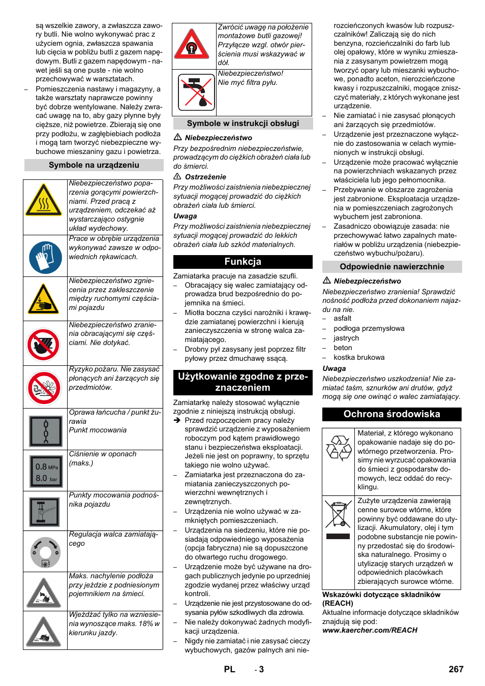 Funkcja użytkowanie zgodne z prze- znaczeniem, Ochrona środowiska | Karcher KM 170-600 R Lpg User Manual | Page 267 / 472