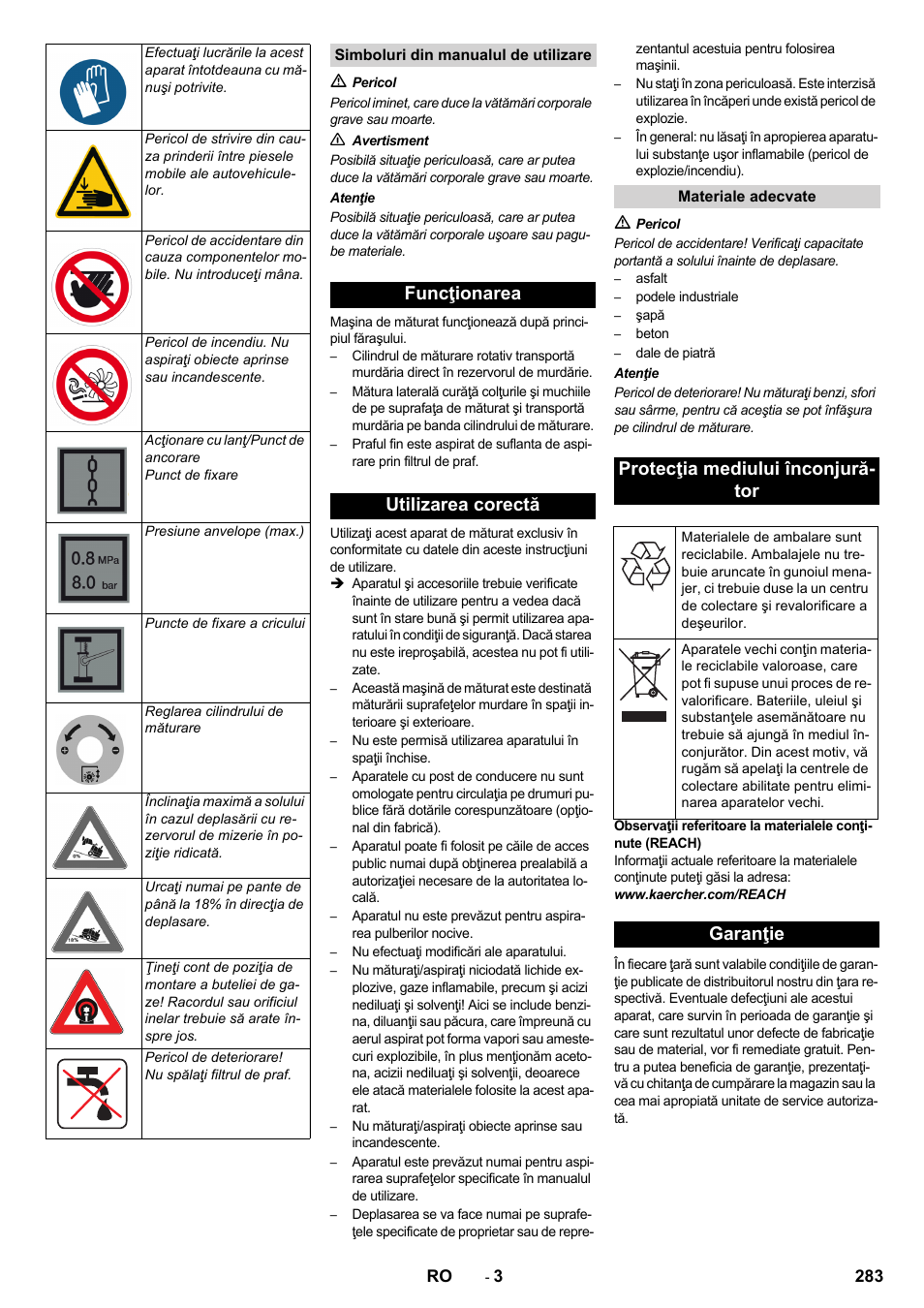 Funcţionarea utilizarea corectă, Protecţia mediului înconjură- tor, Garanţie | Karcher KM 170-600 R Lpg User Manual | Page 283 / 472