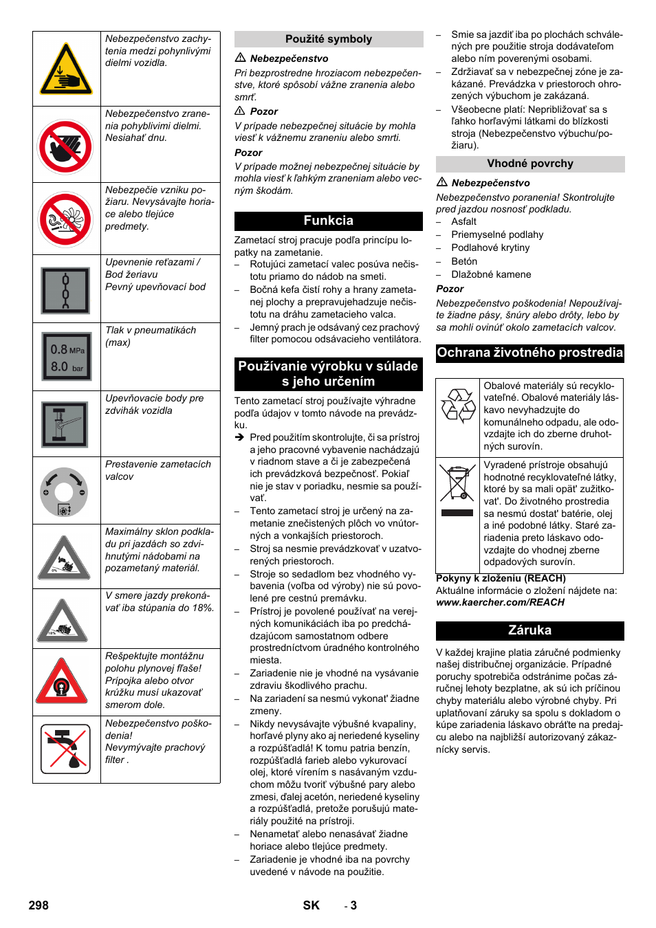 Funkcia používanie výrobku v súlade s jeho určením, Ochrana životného prostredia, Záruka | Karcher KM 170-600 R Lpg User Manual | Page 298 / 472