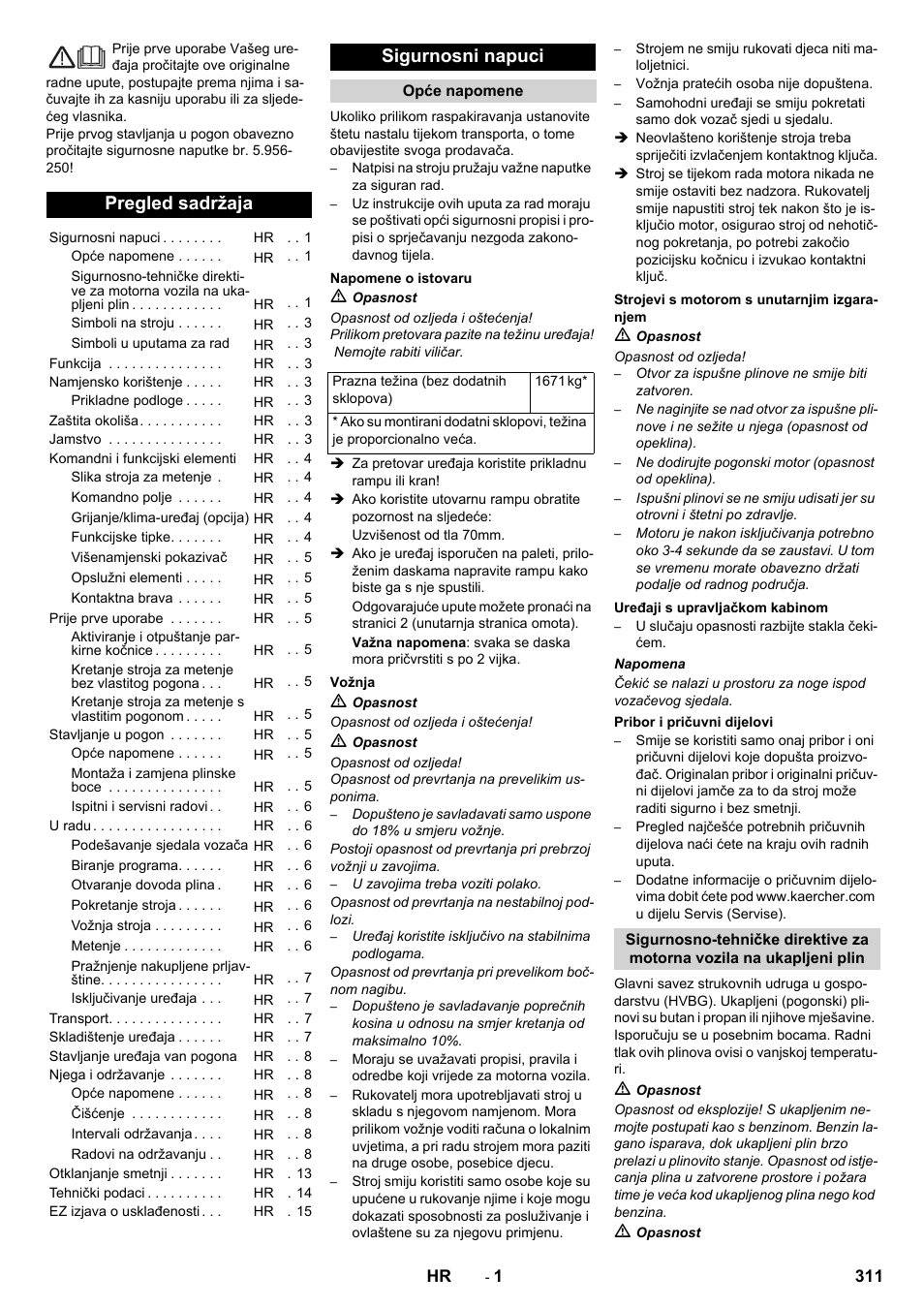 Hrvatski, Pregled sadržaja, Sigurnosni napuci | Karcher KM 170-600 R Lpg User Manual | Page 311 / 472