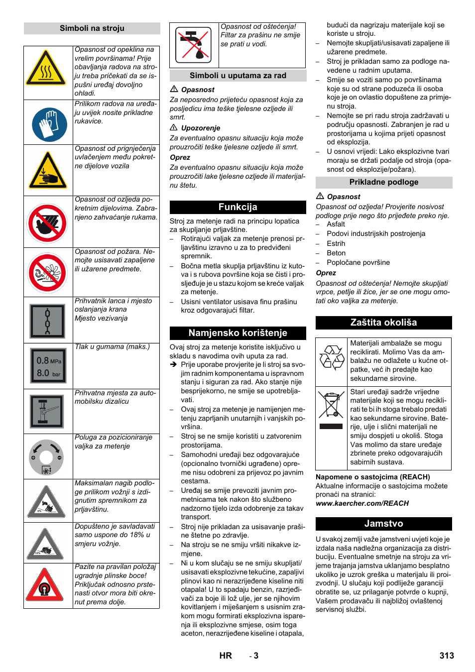 Funkcija namjensko korištenje, Zaštita okoliša, Jamstvo | Karcher KM 170-600 R Lpg User Manual | Page 313 / 472
