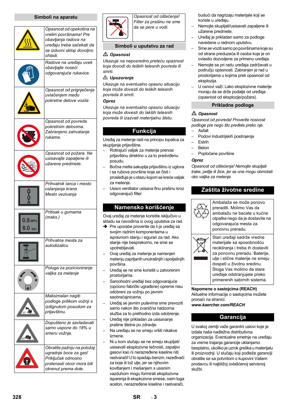 Funkcija namensko korišćenje, Zaštita životne sredine, Garancija | Karcher KM 170-600 R Lpg User Manual | Page 328 / 472