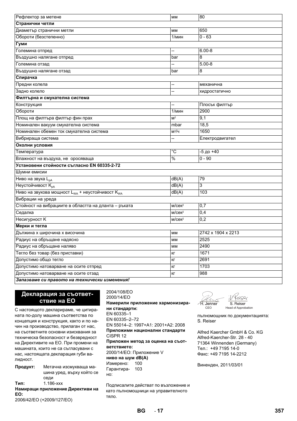 Декларация за съответ- ствие на ео | Karcher KM 170-600 R Lpg User Manual | Page 357 / 472