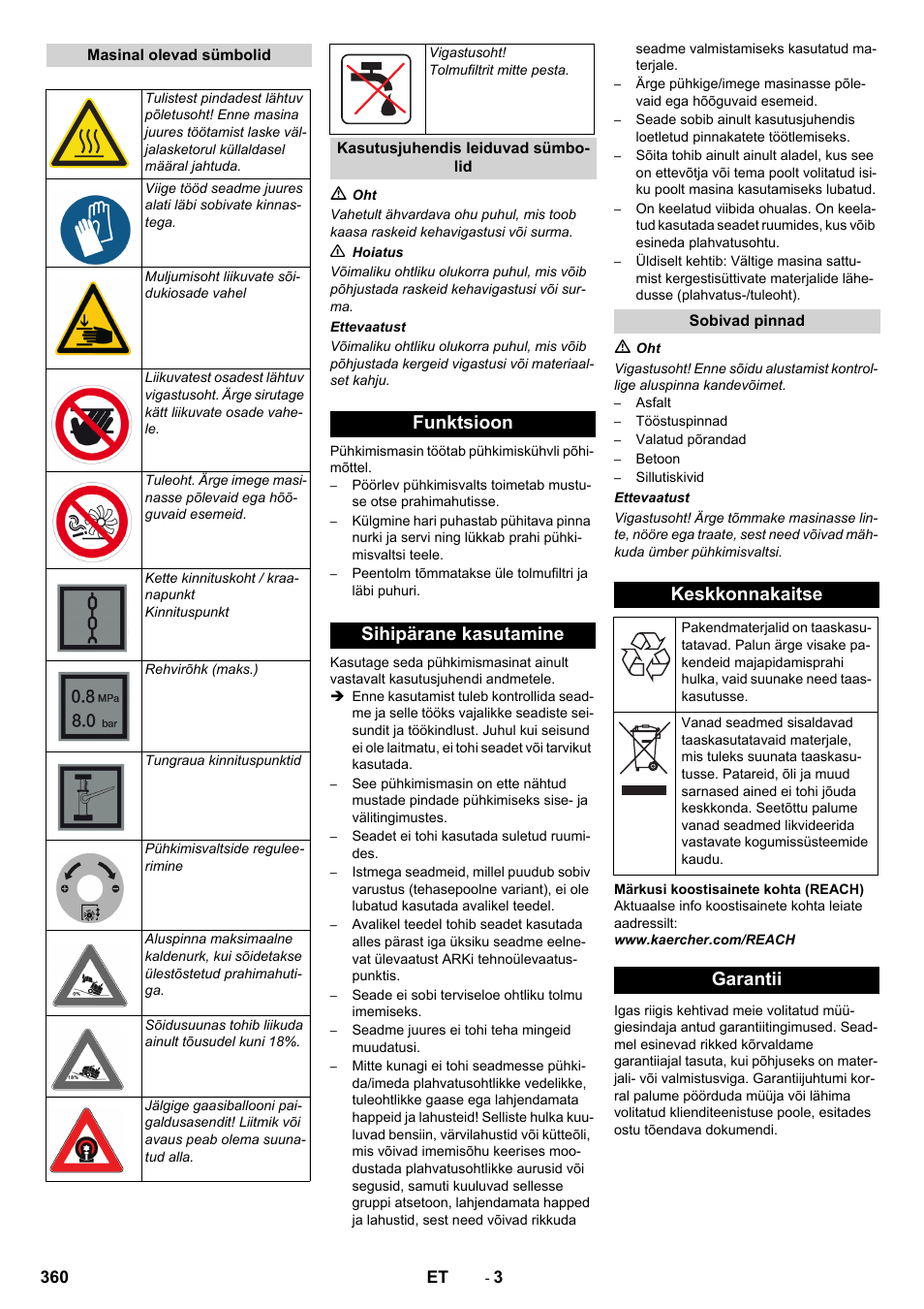 Funktsioon sihipärane kasutamine, Keskkonnakaitse, Garantii | Karcher KM 170-600 R Lpg User Manual | Page 360 / 472