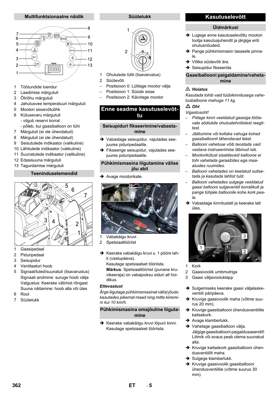 Enne seadme kasutuselevõt- tu, Kasutuselevõtt | Karcher KM 170-600 R Lpg User Manual | Page 362 / 472