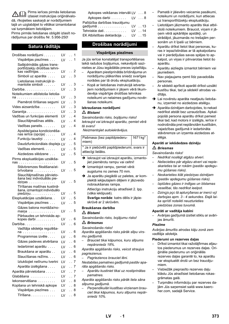 Latviešu, Satura rādītājs, Drošības norādījumi | Karcher KM 170-600 R Lpg User Manual | Page 373 / 472