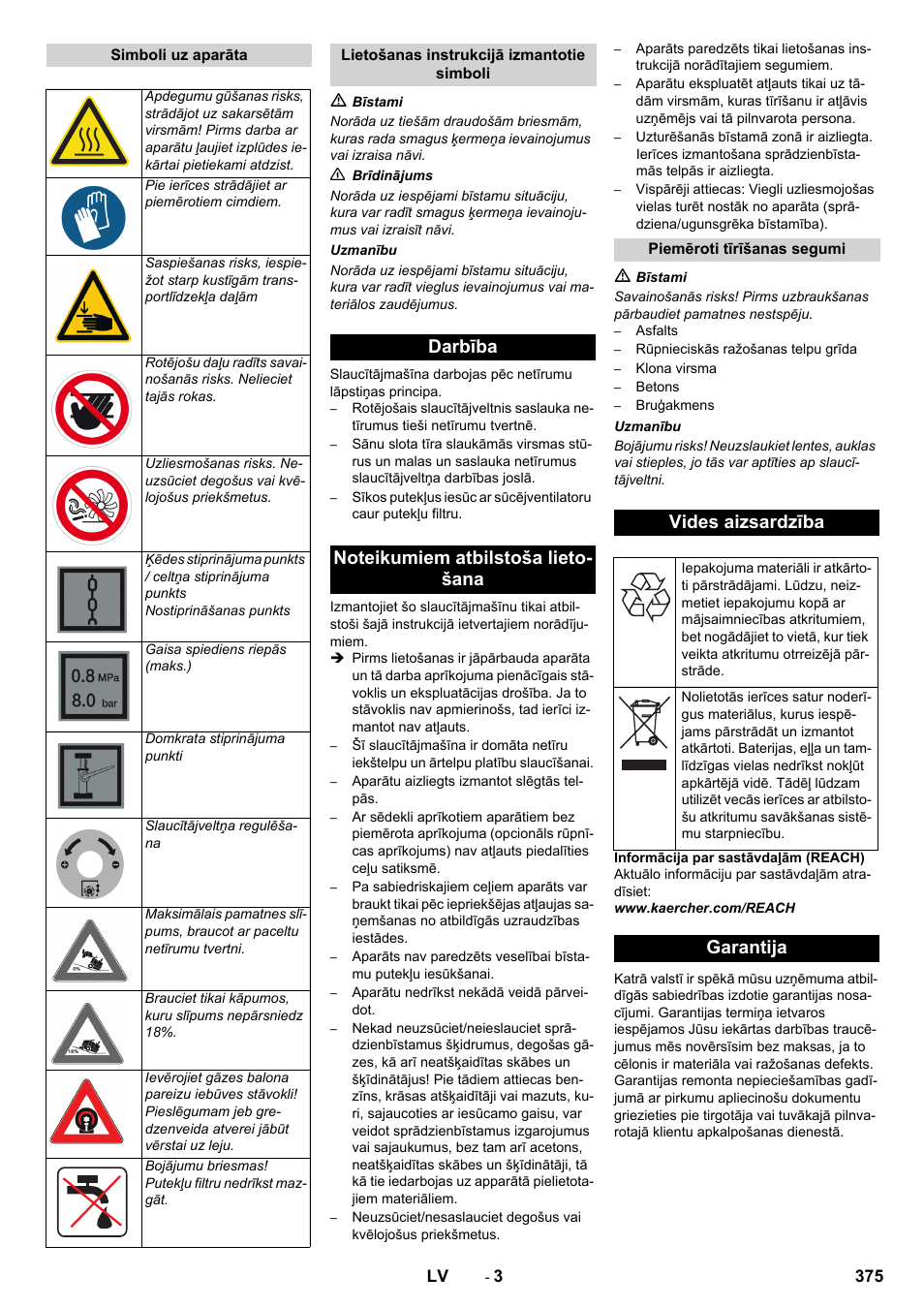 Vides aizsardzība, Garantija | Karcher KM 170-600 R Lpg User Manual | Page 375 / 472