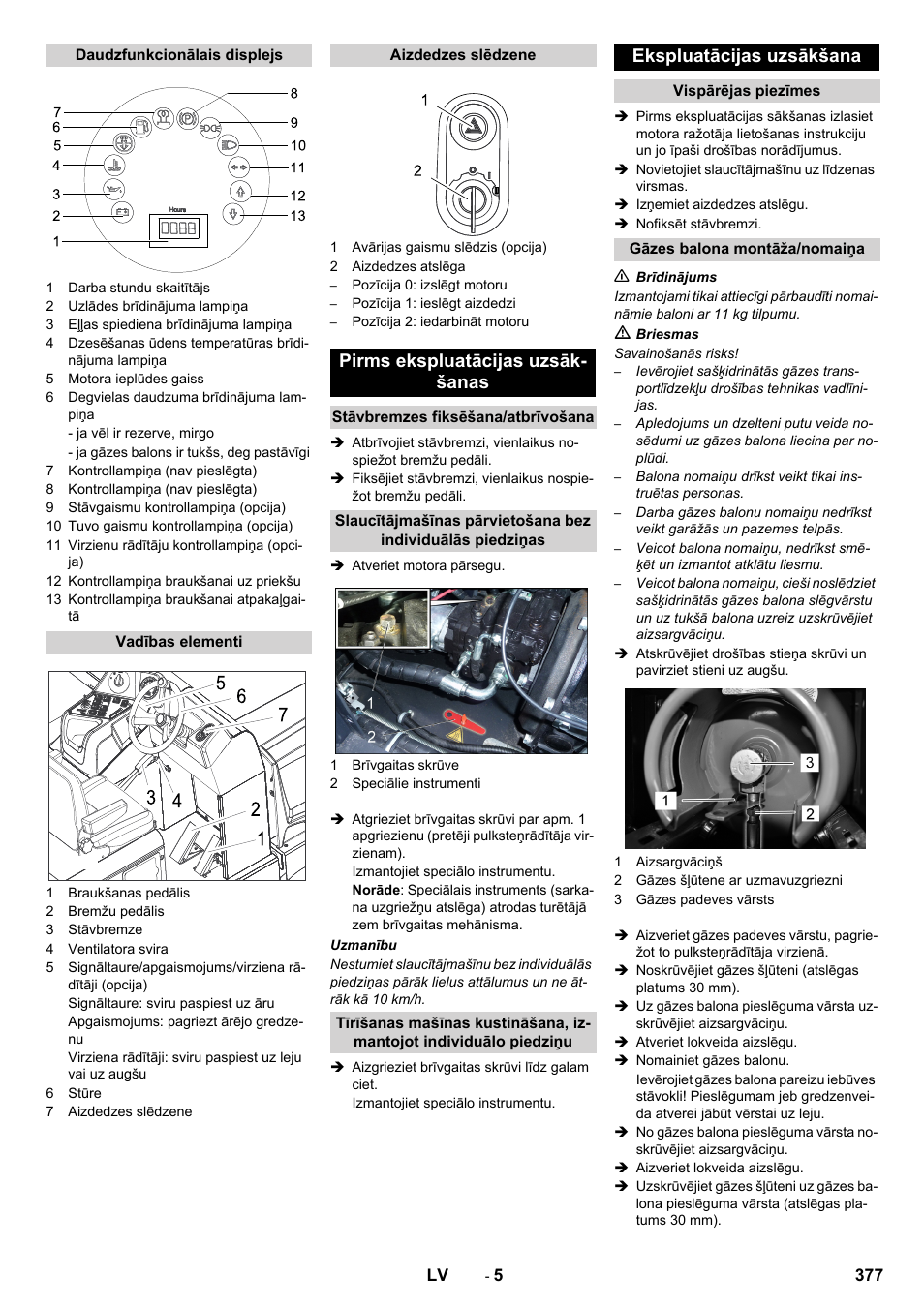Pirms ekspluatācijas uzsāk- šanas, Ekspluatācijas uzsākšana | Karcher KM 170-600 R Lpg User Manual | Page 377 / 472