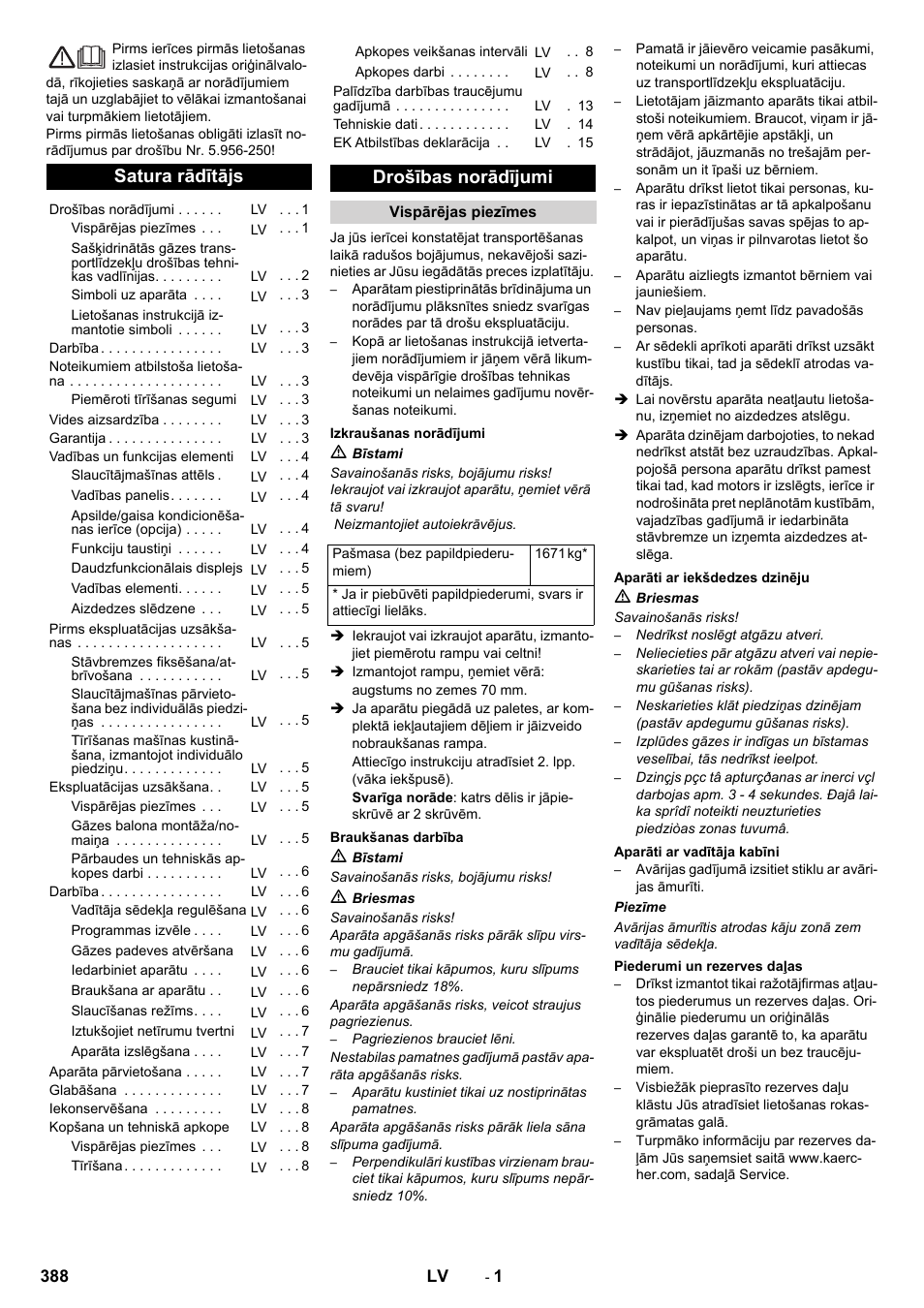 Satura rādītājs, Drošības norādījumi | Karcher KM 170-600 R Lpg User Manual | Page 388 / 472