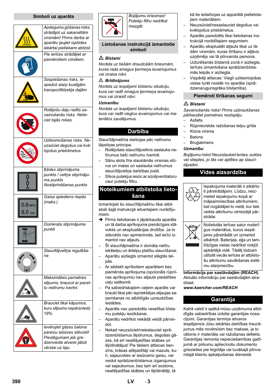 Vides aizsardzība, Garantija | Karcher KM 170-600 R Lpg User Manual | Page 390 / 472