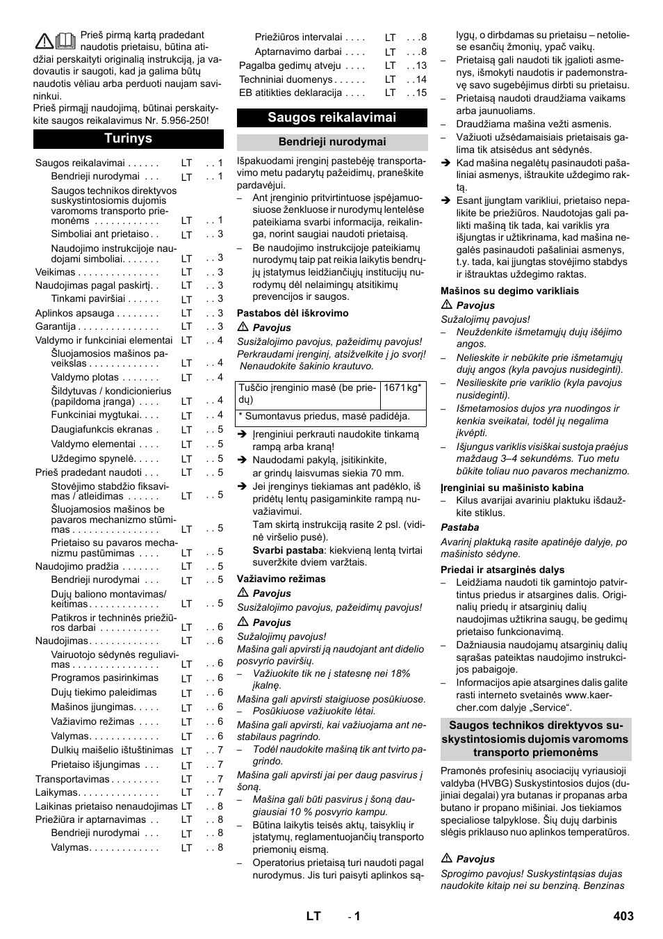 Lietuviškai, Turinys, Saugos reikalavimai | Karcher KM 170-600 R Lpg User Manual | Page 403 / 472