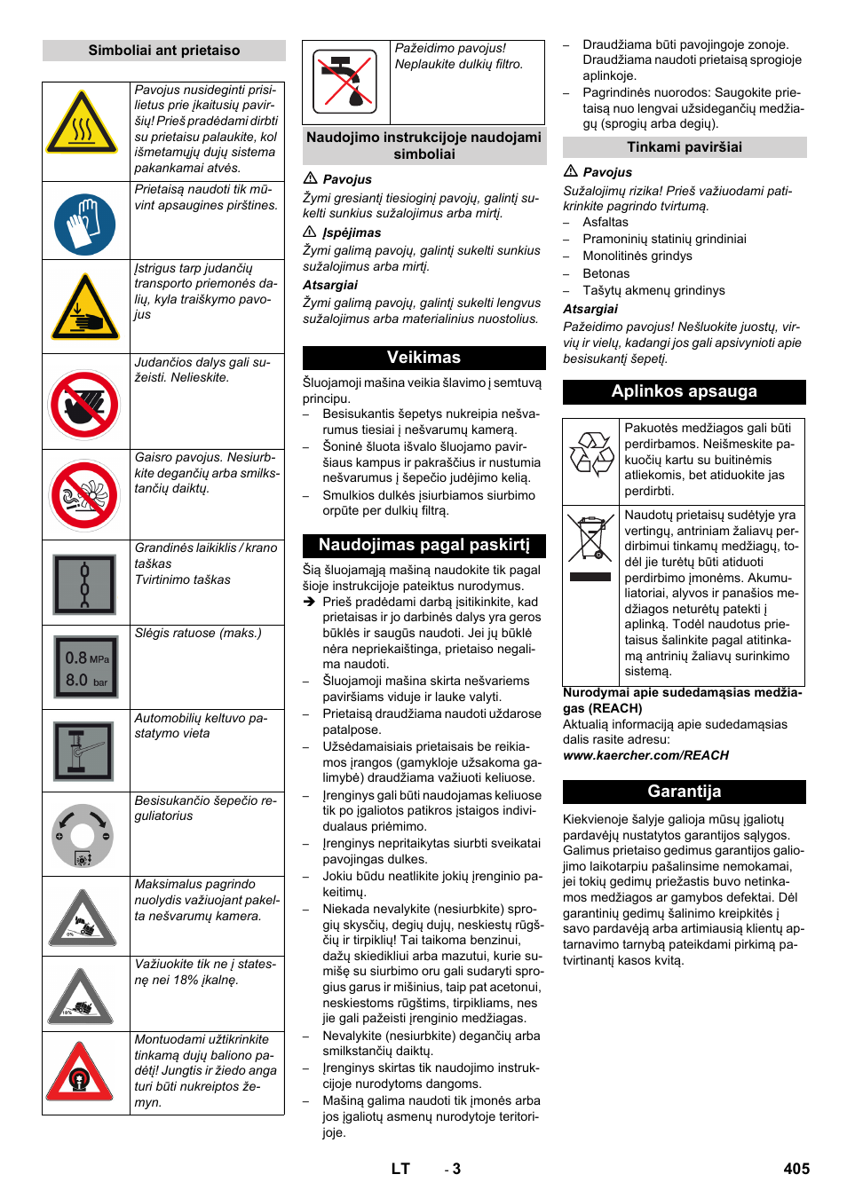Veikimas naudojimas pagal paskirtį, Aplinkos apsauga, Garantija | Karcher KM 170-600 R Lpg User Manual | Page 405 / 472