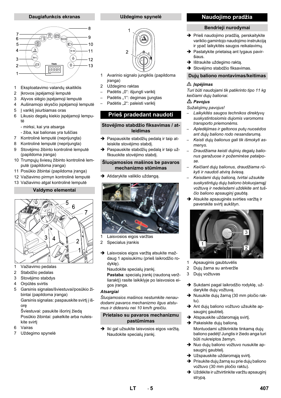 Prieš pradedant naudoti, Naudojimo pradžia | Karcher KM 170-600 R Lpg User Manual | Page 407 / 472