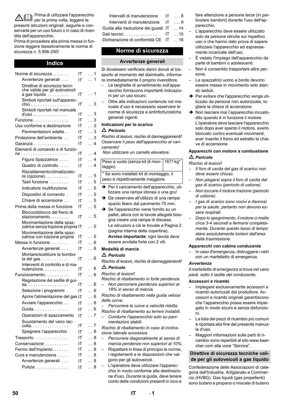 Italiano, Indice, Norme di sicurezza | Karcher KM 170-600 R Lpg User Manual | Page 50 / 472