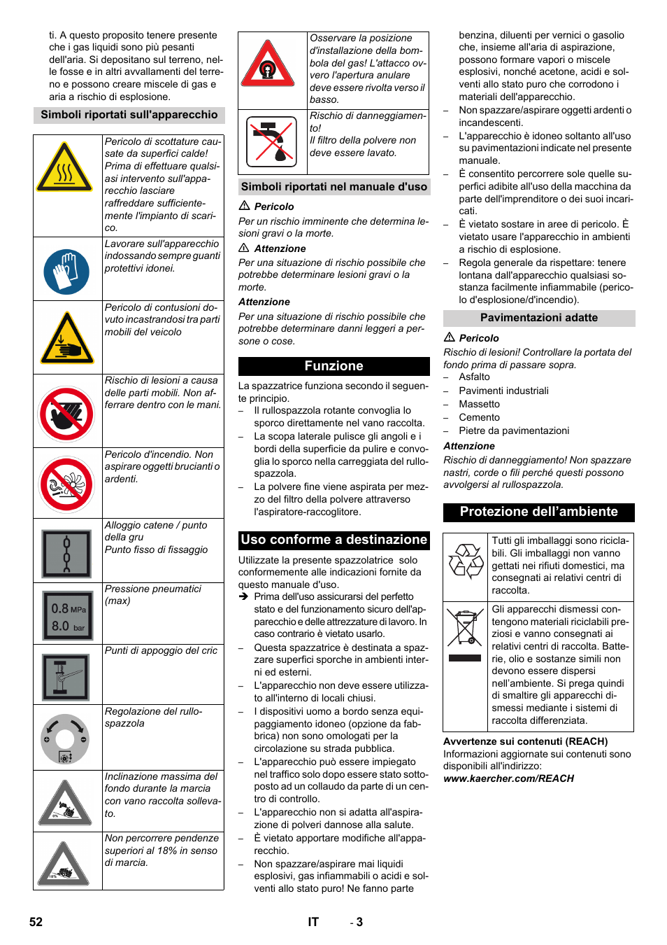 Funzione uso conforme a destinazione, Protezione dell’ambiente | Karcher KM 170-600 R Lpg User Manual | Page 52 / 472