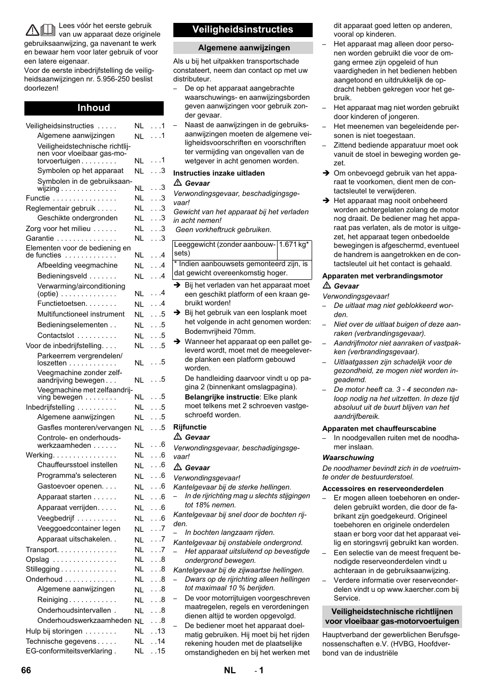 Nederlands, Inhoud, Veiligheidsinstructies | Karcher KM 170-600 R Lpg User Manual | Page 66 / 472